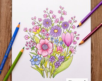 Kolorowanka cyfrowa do druku dla dorosłych, HELLO SPRING, ręcznie rysowana kolorowanka dla dorosłych do pobrania, Alexandra Dannenmann