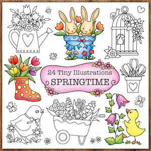 May include: A set of 24 black and white illustrations of springtime objects, including a watering can, a birdcage, a pair of bunnies, a boot, a wheelbarrow, a chick, and a duckling. The illustrations are outlined in black and are ready to be coloured.