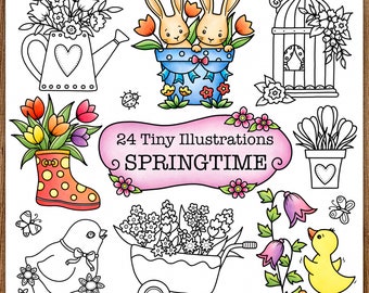 Springtime - 24 Tiny Illustrations, Printable Digital Colouring Pages for Grownups, Hand Drawn Coloring Pages Download, A.Dannenmann