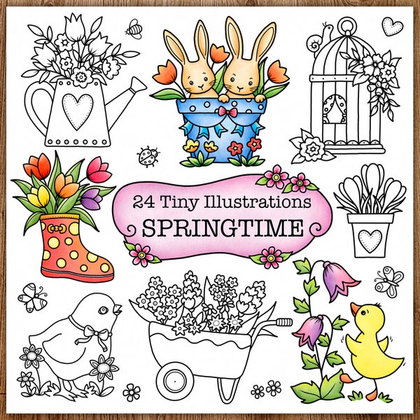 Springtime - 24 Tiny Illustrations, Printable Digital Colouring Pages for Grownups, Hand Drawn Coloring Pages Download, A.Dannenmann