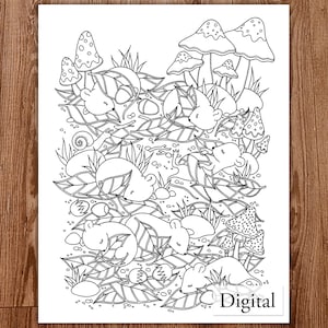 Printable Digital Coloring Page for Grownups, WOODLAND ANIMALS, Hand Drawn Adult Coloring Page Download, Alexandra Dannenmann