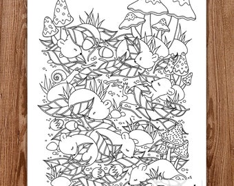 Printable Digital Coloring Page for Grownups, WOODLAND ANIMALS, Hand Drawn Adult Coloring Page Download, Alexandra Dannenmann