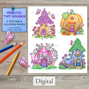 4 Printable Digital Adult Coloring Pages Magical Tiny Houses, Hand Drawn Coloring Pages Download, Alexandra Dannenmann