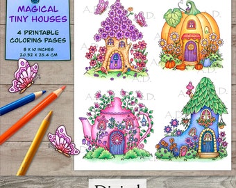 4 Printable Digital Adult Coloring Pages Magical Tiny Houses, Hand Drawn Coloring Pages Download, Alexandra Dannenmann