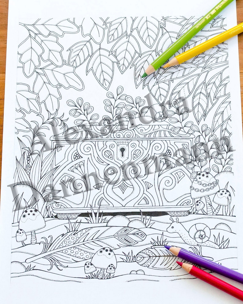 Printable Digital Coloring Book for Children and Adults, THE SECRET of the FOREST, Hand Drawn Coloring Pages Download, Alexandra Dannenmann image 3