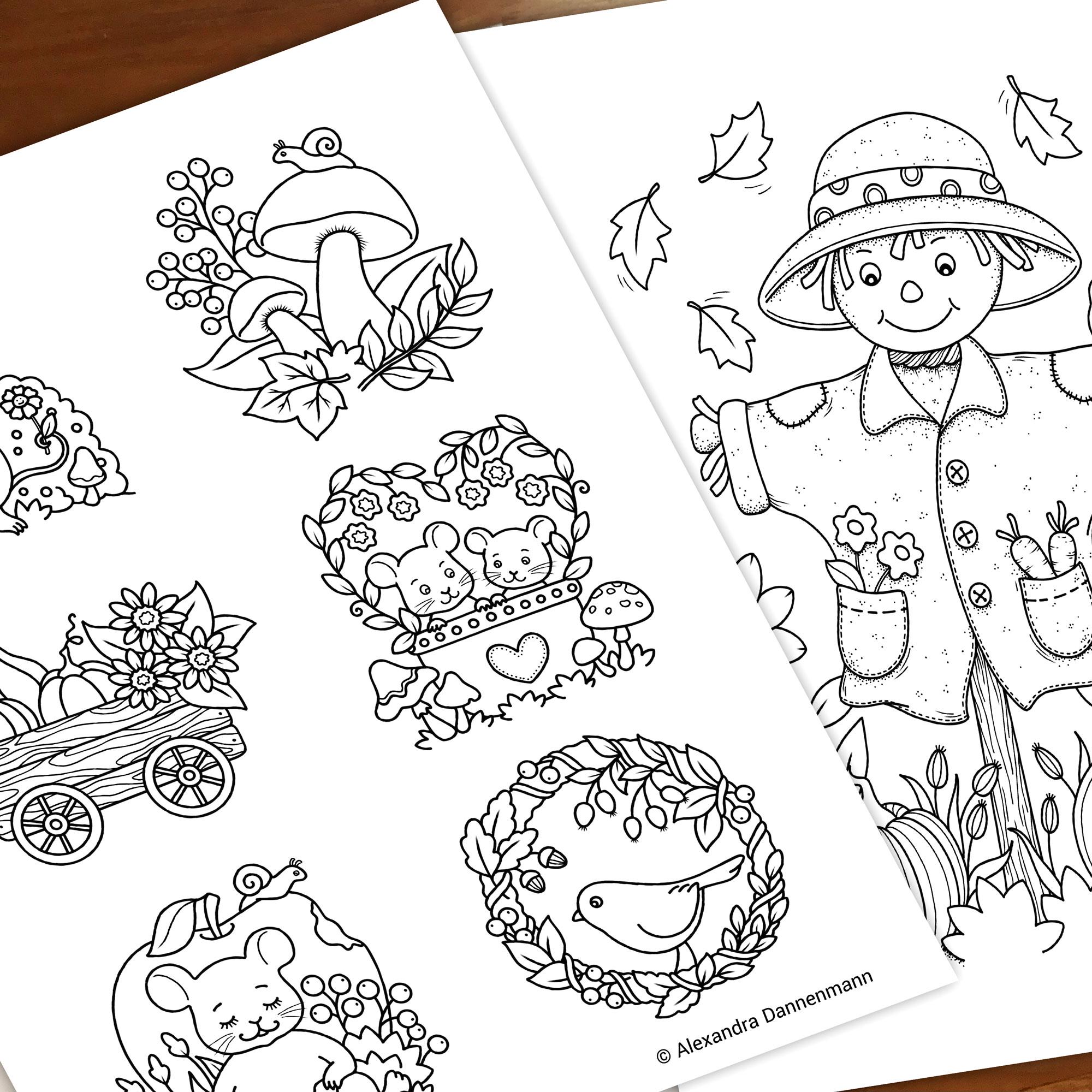 Autumn - 24 Tiny Illustrations, Printable Digital Colouring Pages for ...