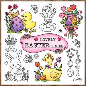 May include: A colorful illustration with Easter-themed elements. It features a yellow chick, a white bunny, decorated eggs, flowers, and the text "LOVELY EASTER TINIES" in a pink banner. A butterfly, snail, and bee are also included.