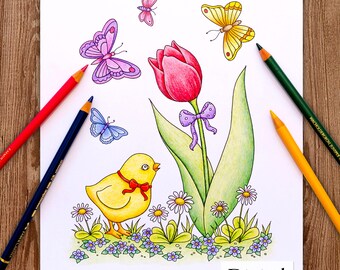 Kolorowanka cyfrowa do druku dla dorosłych, HELLO SPRING, ręcznie rysowana kolorowanka dla dorosłych do pobrania, Alexandra Dannenmann