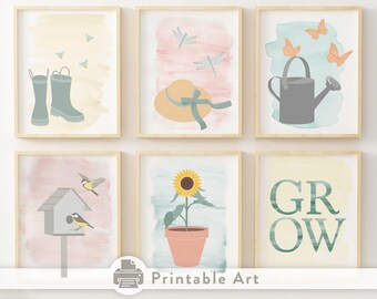 PRINTABLE Garden Themed Yellow Pink and Green Nursery/Kids Room Prints, 8"x10" DIGITAL