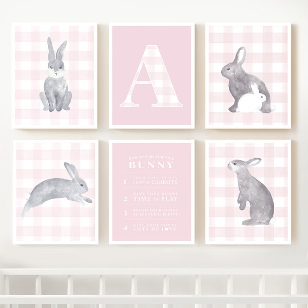 Pink Blush Gingham Watercolor Bunny Themed Nursery/Kids Room Prints, 8x10 Printed Wall Art PRINTED