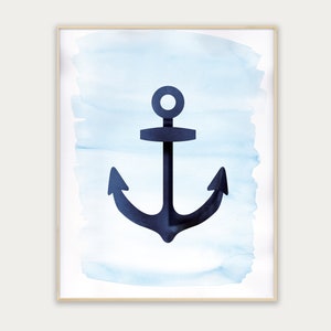 May include: A watercolor painting of a navy blue anchor on a light blue background.