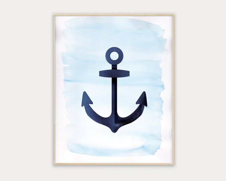 May include: A watercolor painting of a navy blue anchor on a light blue background.