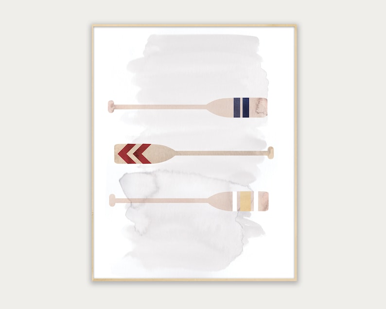 May include: Three watercolor painted wooden oars with different colored stripes on a white background. The oars are arranged vertically with the top oar having blue and white stripes, the middle oar having red and white stripes, and the bottom oar having gold and white stripes.