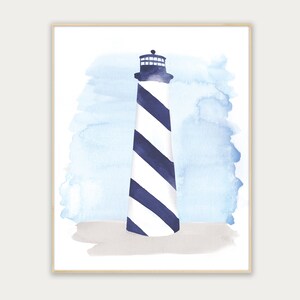 May include: A watercolor painting of a lighthouse with blue and white stripes against a light blue watercolor background.