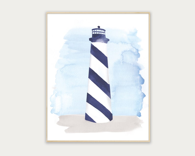 May include: A watercolor painting of a lighthouse with blue and white stripes against a light blue watercolor background.