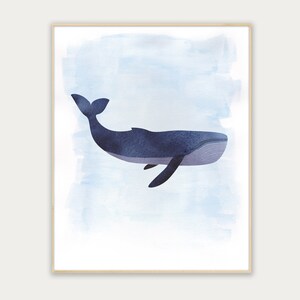 May include: A watercolor painting of a blue whale swimming in a light blue ocean. The whale is facing right and has a white underside.