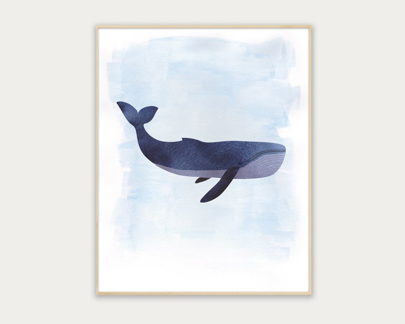 May include: A watercolor painting of a blue whale swimming in a light blue ocean. The whale is facing right and has a white underside.