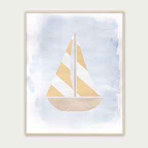 May include: A watercolor painting of a sailboat with yellow and white stripes on a light blue background.