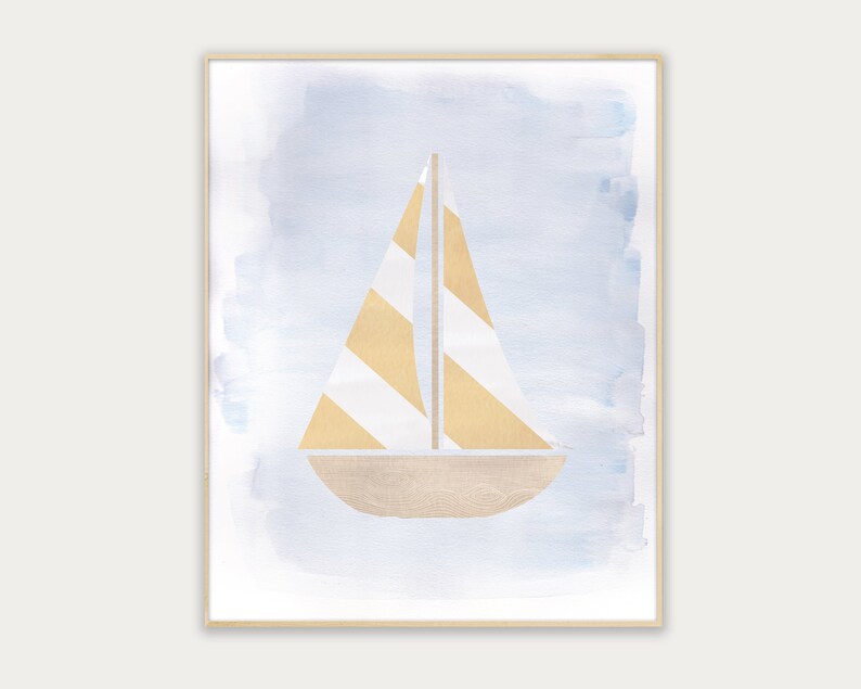 May include: A watercolor painting of a sailboat with yellow and white stripes on a light blue background.