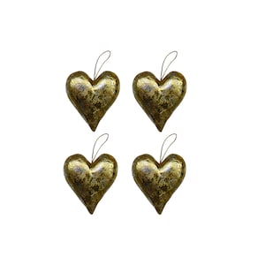 Set of  4 Bright Gold Paper Mache Heart Ornaments with Gold Hanging String