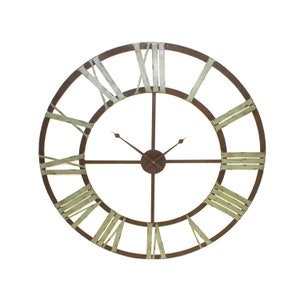 May include: A large, round, metal clock with Roman numeral markings. The clock face is white with a distressed, aged look. The clock hands are black and the clock frame is brown.