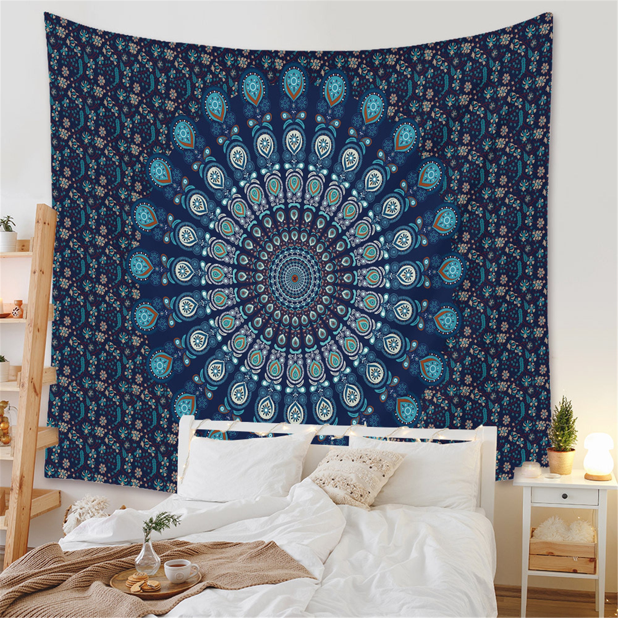 Navy Blue Mandala Wall Tapestry Boho Wall Hangings Beach Etsy