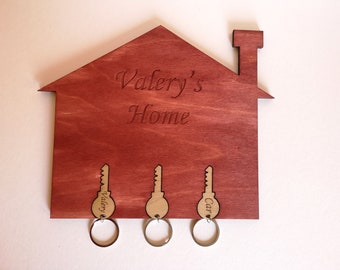 Wooden key holder for wall with engraved keychains in shape of keys. Perfect new home gift. Gift for her. Gift for family. Wall decor