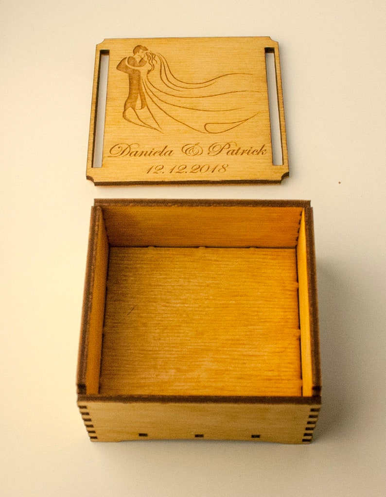 Handmade Wooden Box. Engraved on the Lid With Bride and Groom Dancing
