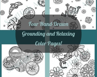 Adult Relaxing Coloring Pages Relaxation Printable Book Dolphin Frog Lizard Flowers Hand Drawn Gel Pen Markers