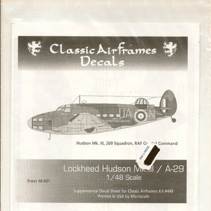 Può includere: Un'immagine in bianco e nero di un foglio di decalcomanie per aerei Lockheed Hudson Mk. III per kit di modellismo. Il foglio è per il modello in scala 1/48 e include marcature per il RAF Coastal Command e l'aeronautica cinese. Il testo sul foglio recita "Lockheed Hudson Mk. III / A-29 1/48 Scale Supplemental Decal Sheet for Classic Airframes Kit #449 Printed in USA by Microscale".