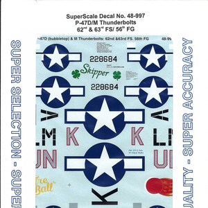 May include: A sheet of SuperScale decals for P-47D/M Thunderbolts, featuring blue and white star insignias, text, and numbers. Includes text such as "Skipper" and "Fire Ball". The sheet is labeled "Super Selection - Super Decals".