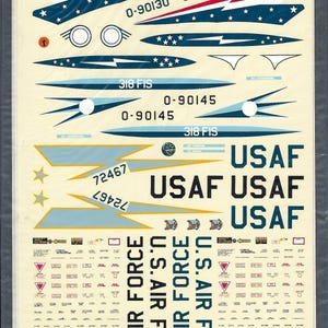 May include: A sheet of Micro Scale Decals for a U.S. Air Force F-106A Delta Darts aircraft. The decal sheet features various markings, including stars, stripes, and USAF lettering. The sheet is labeled as 72nd scale.