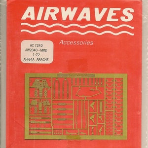 May include: A red and white packaging for a 1:72 scale model kit of an AH-64A Apache helicopter. The packaging includes a sheet of metal parts for the model. The text on the packaging reads "Airwaves Accessories AC 7240 AW2040 - MMD 1:72 AH-64A Apache" and "Made in England Not Suitable for Children".