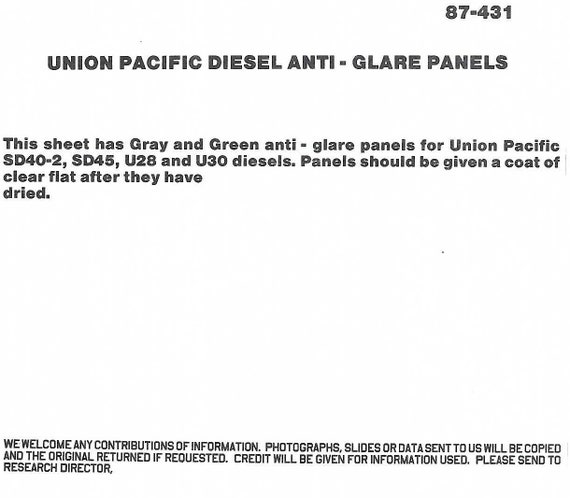 Microscale 87-431 HO Scale Union Pacific Diesel Anti-Glare Panels in Gray and Green Model Train Decals