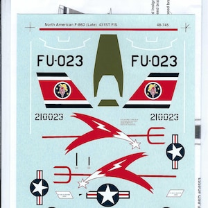 May include: Decal sheet for a 1/48 scale model of a North American F-86D Sabre jet. The sheet includes markings for the 431st Fighter Interceptor Squadron, with the tail number FU-023 and the unit's insignia. The sheet also includes various markings for the aircraft, including the USAF logo, stars, and lightning bolts.