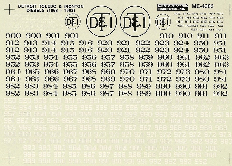 Microscale MC-4302 HO Scale Detriot Toledo & Ironton Diesel Locomotives (1951-1955) Model Train Decals