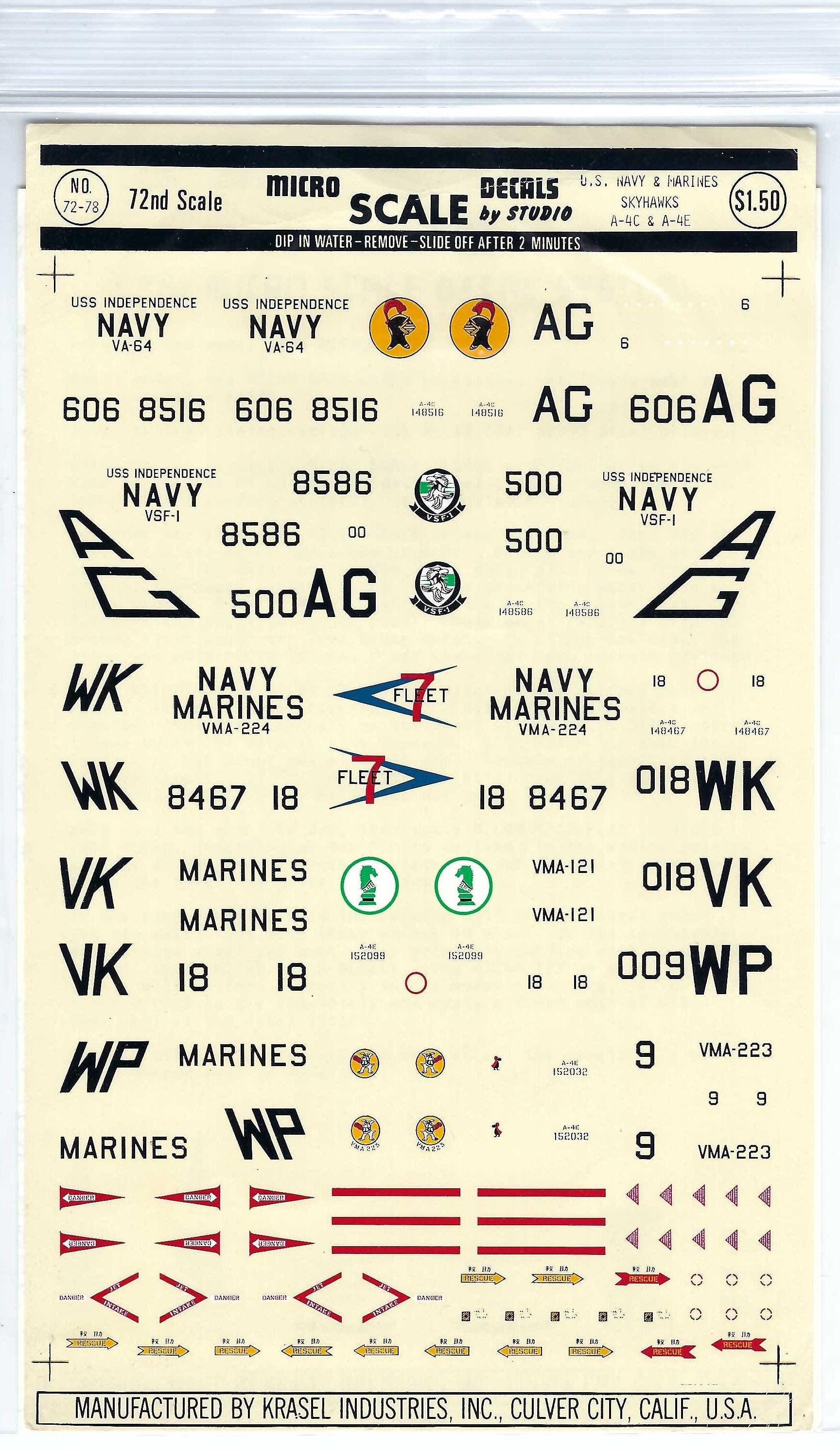 Microscale 72-78 1/72 Scale Douglas A-4 Skyhawk Model Airplane Decals