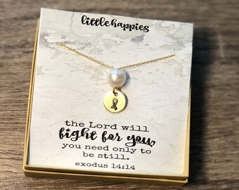 Cancer awareness necklace, pearl necklace, cancer survivor, get well gift, encouragement gift, sympathy gift, grief gift, gift