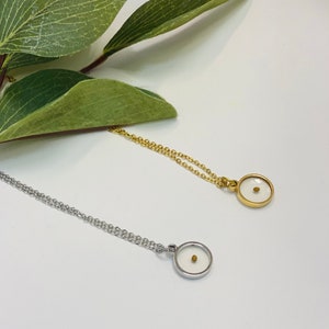 K&ouml;nnte beinhalten: Zwei zarte Halsketten mit kleinen runden Anh&auml;ngern. Die Anh&auml;nger sind klar und enthalten jeweils einen winzigen Samen. Eine Halskette hat eine goldene Kette, die andere eine silberne Kette.