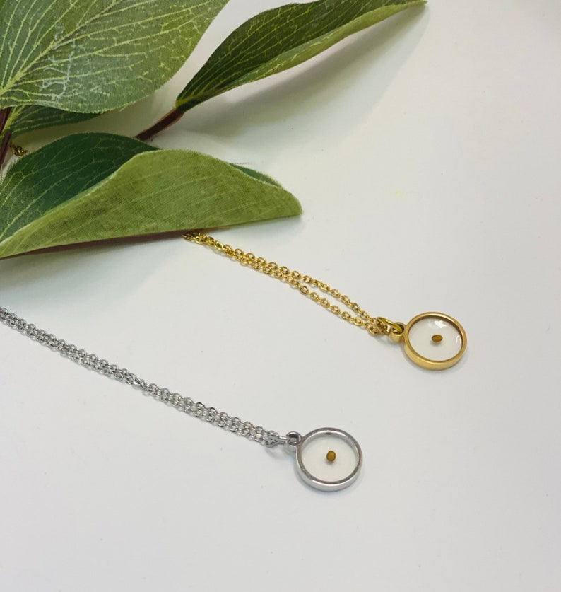 K&ouml;nnte beinhalten: Zwei zarte Halsketten mit kleinen runden Anh&auml;ngern. Die Anh&auml;nger sind klar und enthalten jeweils einen winzigen Samen. Eine Halskette hat eine goldene Kette, die andere eine silberne Kette.
