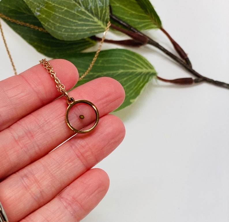 K&ouml;nnte beinhalten: Eine goldene Kettenkette mit einem kleinen runden Anh&auml;nger. Der Anh&auml;nger hat eine klare Glas- oder Plastikabdeckung und eine winzige goldene Perle im Inneren.