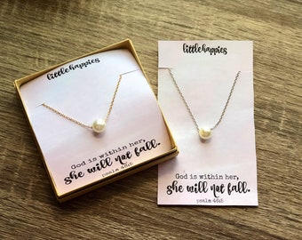 Pearl Christian Necklace Gift for Her, Dainty Necklace, Encouragement Gift, Religious Gift, Bible Scripture Gifts, Gold and Silver