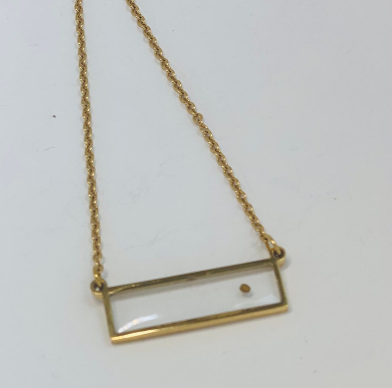 Pu&ograve; includere: Una collana con catena d'oro con un ciondolo rettangolare. Il ciondolo &egrave; trasparente e contiene un piccolo puntino d'oro.