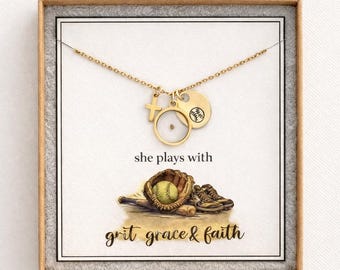 Softball Cross Mustard Seed Necklace for Girl – Faith Based Softball Player Gift, Christian Athlete Jewelry, Senior Night Gift