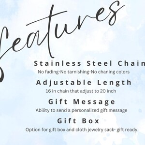 K&ouml;nnte beinhalten: Eigenschaften einer Halskette: Edelstahlkette, verstellbare L&auml;nge von 40,6 bis 50,8 cm, M&ouml;glichkeit, eine Geschenknachricht hinzuzuf&uuml;gen, und Geschenkbox-Option.