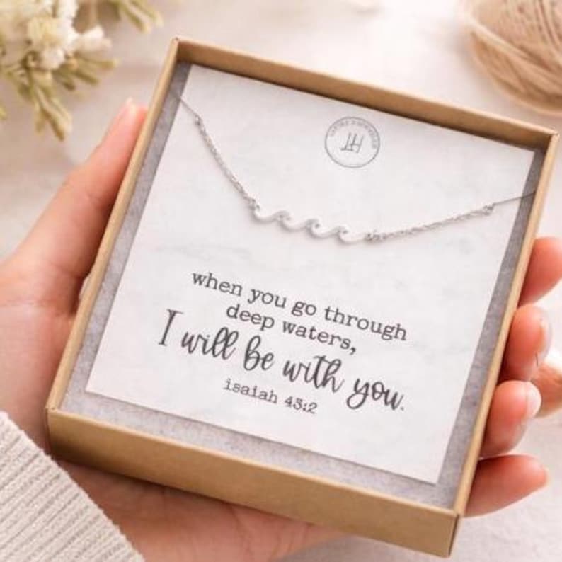 Wave Necklace with Isaiah 43:2 Card • Christian Encouragement Gift • Faith-Based Jewelry • I Will Be With You Bible Verse Gift for Her image 2