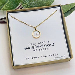 Mustard Seed Necklace with Matthew 17:20 Card – Faith Gift for Her – Tiny Mustard Seed Pendant – Encouragement Christian Jewelry