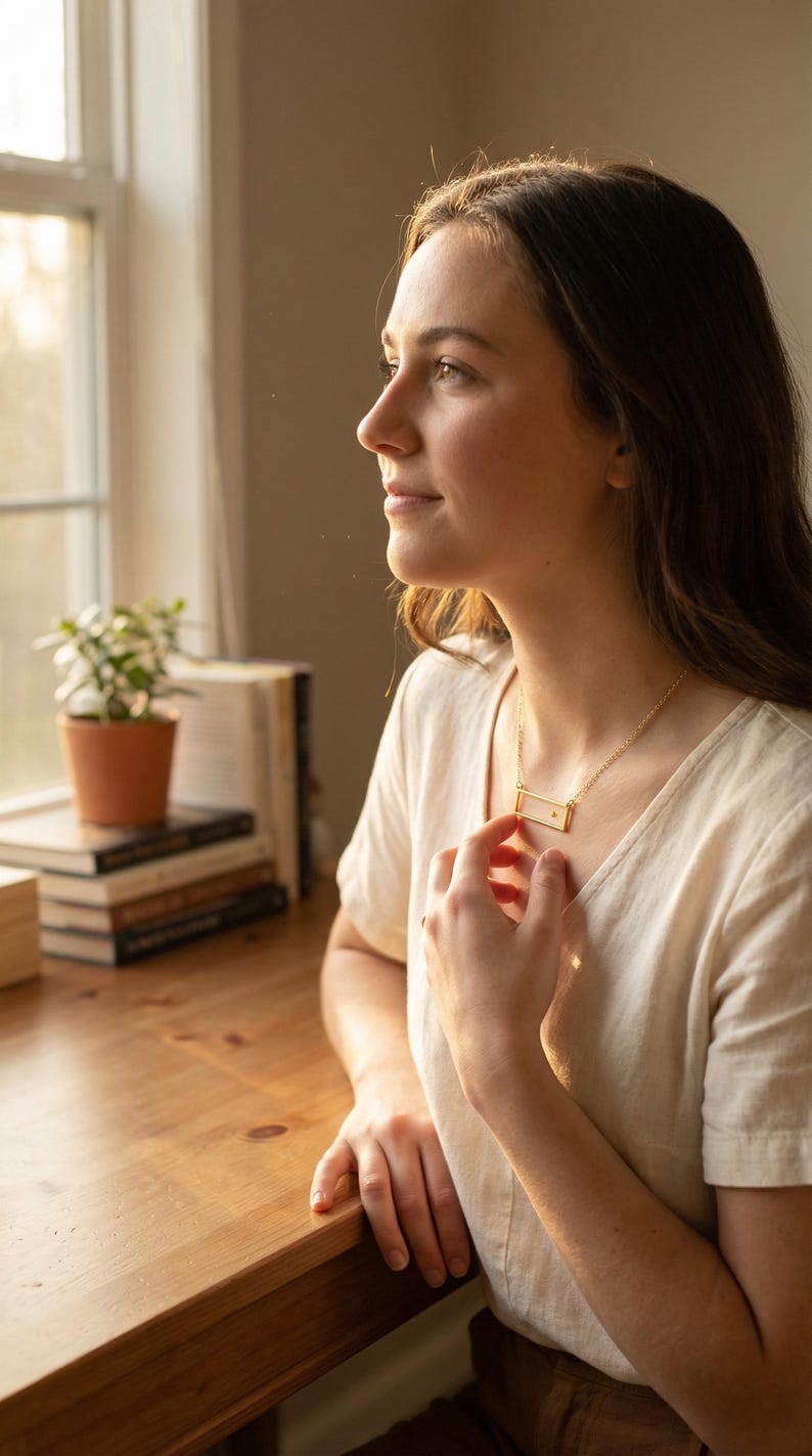 May include: A gold-toned necklace featuring a horizontal rectangular pendant with a small, centered accent stone. The pendant is suspended from a delicate, thin gold-toned chain that rests against the collarbone area of the wearer.