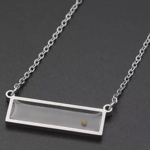Pu&ograve; includere: Una collana con catena d'argento con un ciondolo rettangolare. Il ciondolo ha un inserto in vetro trasparente che contiene un piccolo oggetto rotondo di colore dorato.
