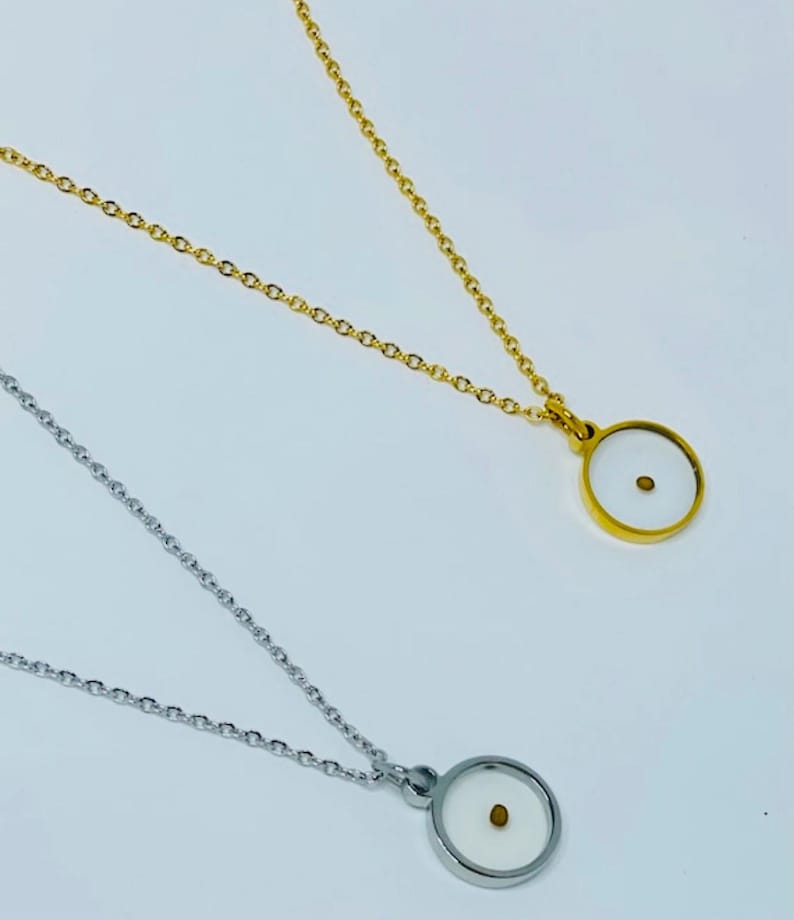 K&ouml;nnte beinhalten: Zwei Halsketten mit einem kleinen runden Anh&auml;nger. Eine Halskette hat eine goldene Kette und einen goldenen Anh&auml;nger. Die andere Halskette hat eine silberne Kette und einen silbernen Anh&auml;nger. Jeder Anh&auml;nger hat einen kleinen wei&szlig;en Kreis mit einem winzigen goldenen Punkt in der Mitte.